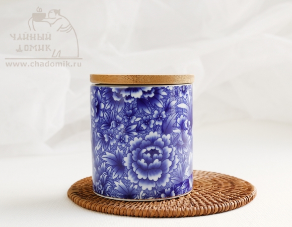 Чайница "Синие цветы" с бамбуковой крышкой