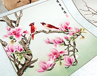 Картина вышивка на шелке "Кардиналы" из Хунани